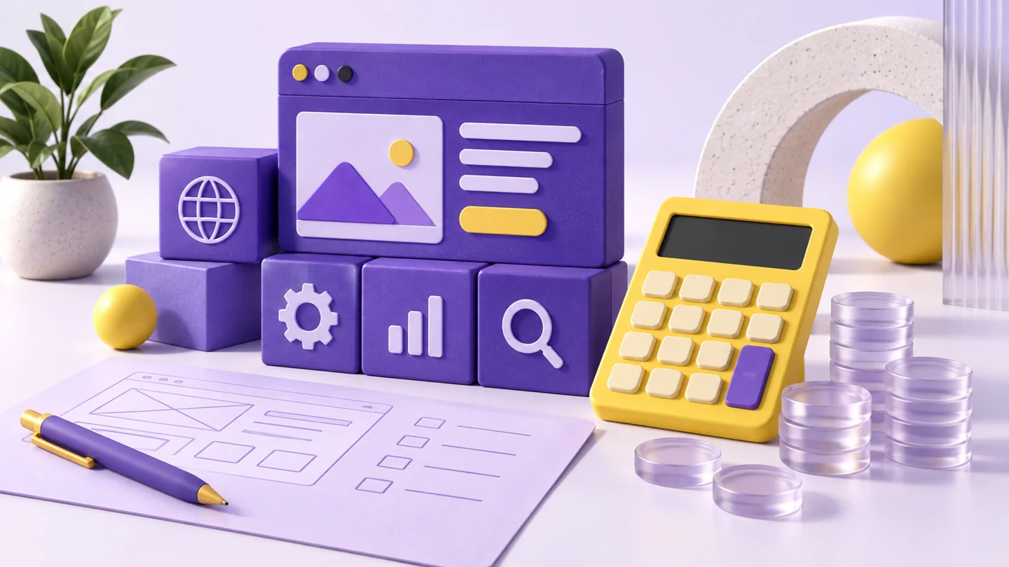 Illustration éditoriale violette et jaune sur le cadrage du budget d’un site d’entreprise, sans scène réelle ni client représenté