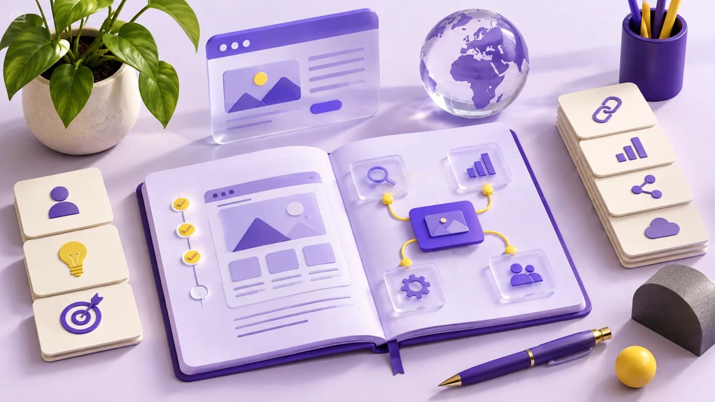 Illustration éditoriale violette et jaune sur la préparation d’un cahier des charges web, sans scène réelle ni client représenté