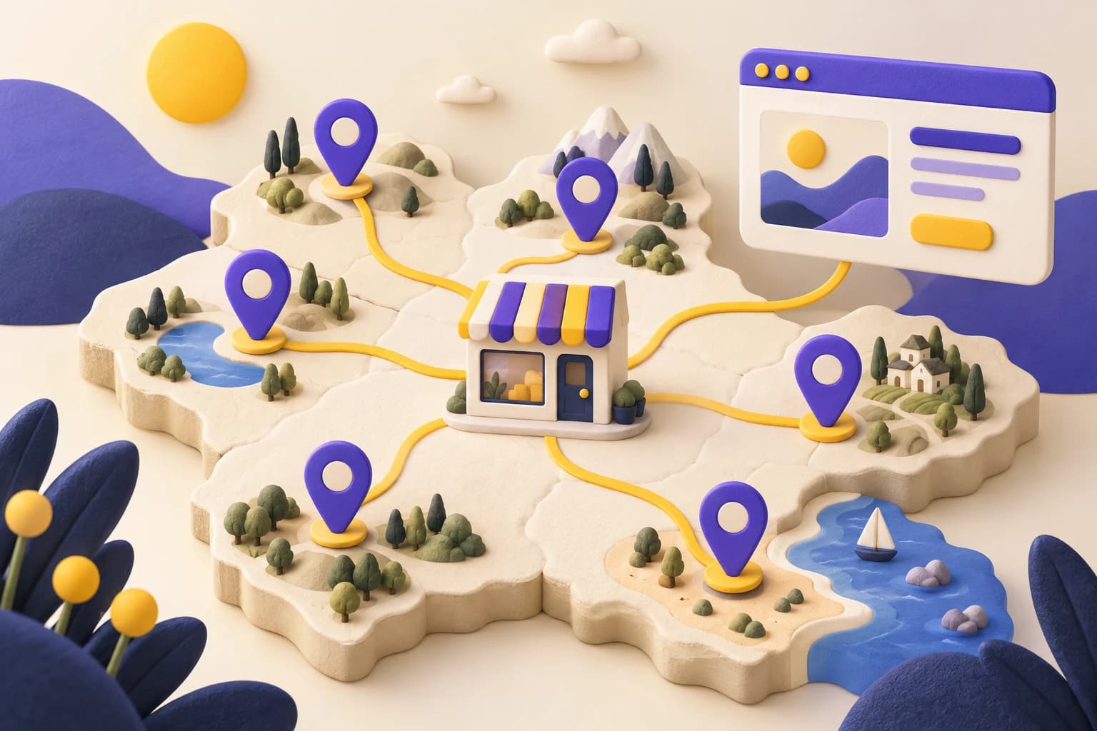 Illustration d’une carte et de repères locaux reliés à une vitrine web