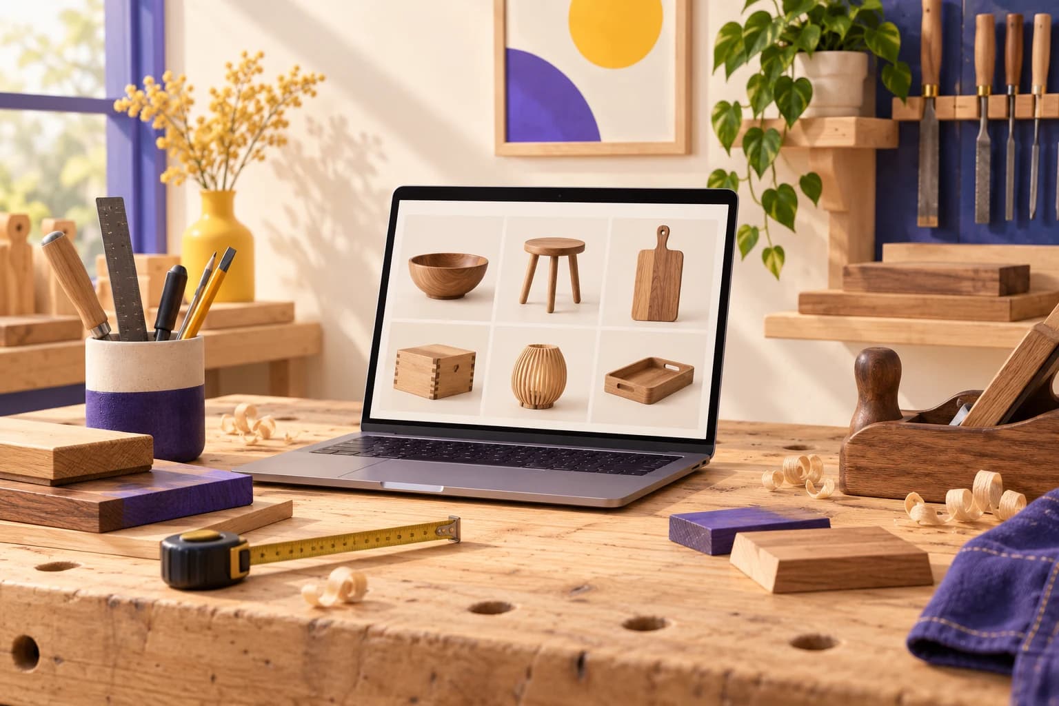 Illustration d’un site artisan sur un établi avec des échantillons de bois