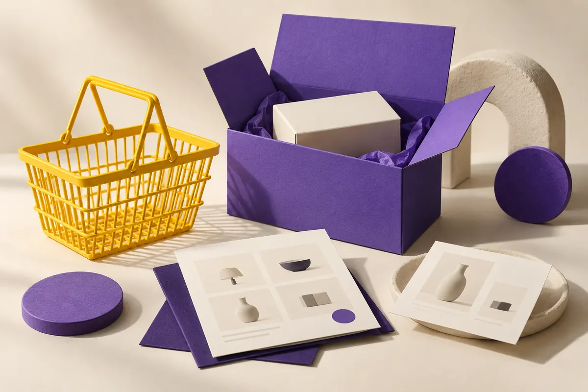 Illustration de boutique en ligne : panier jaune, colis violet et fiches produits.