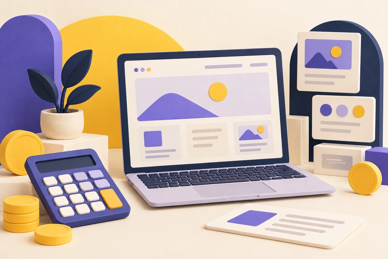 Illustration violette et jaune d’un ordinateur, de pages web et d’une calculatrice pour préparer un budget de site vitrine