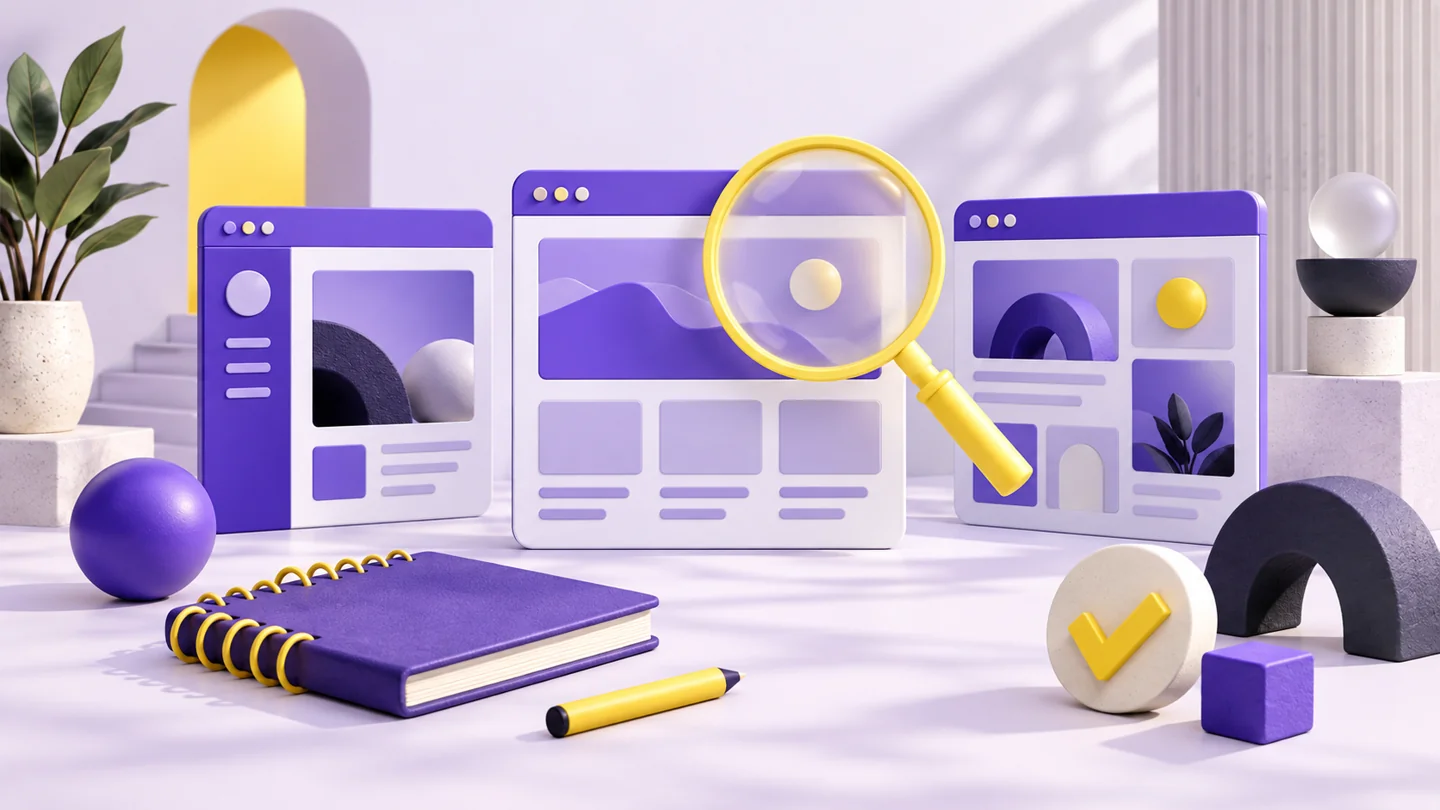 Illustration éditoriale violette et jaune sur le choix d’un prestataire web, sans scène réelle ni client représenté