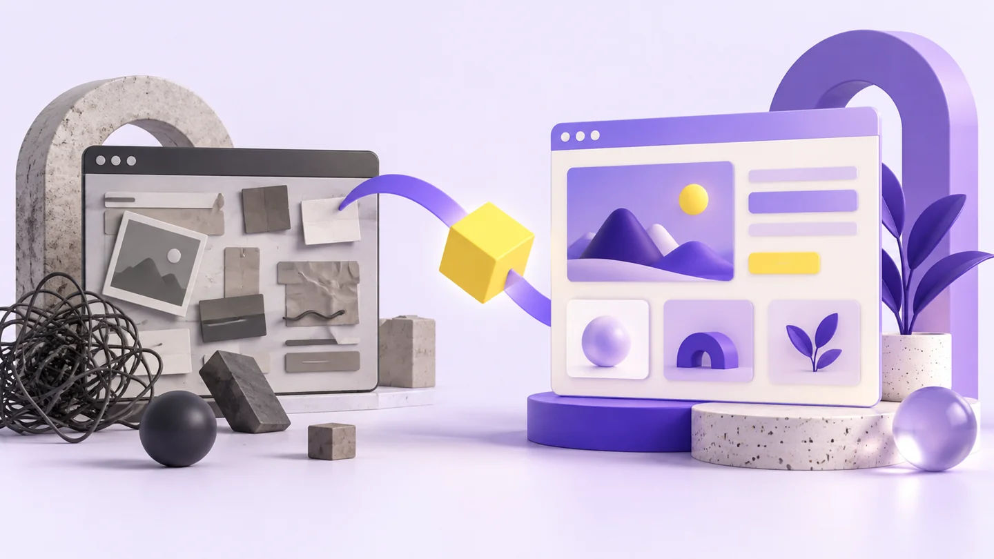 Illustration éditoriale violette et jaune sur l’organisation d’une refonte de site, sans scène réelle ni client représenté