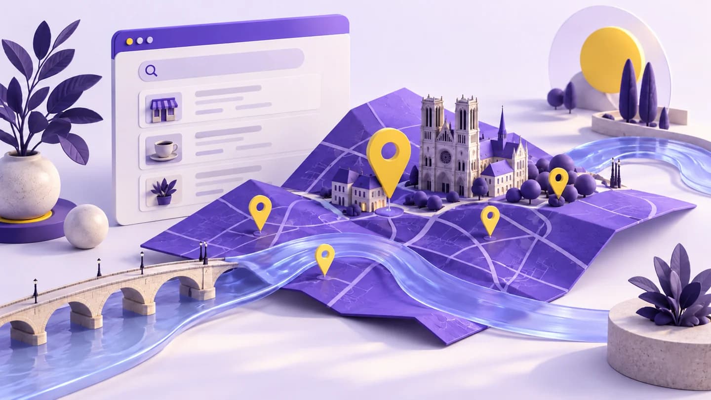 Illustration éditoriale violette et jaune sur la visibilité locale d’une entreprise, sans scène réelle ni client représenté